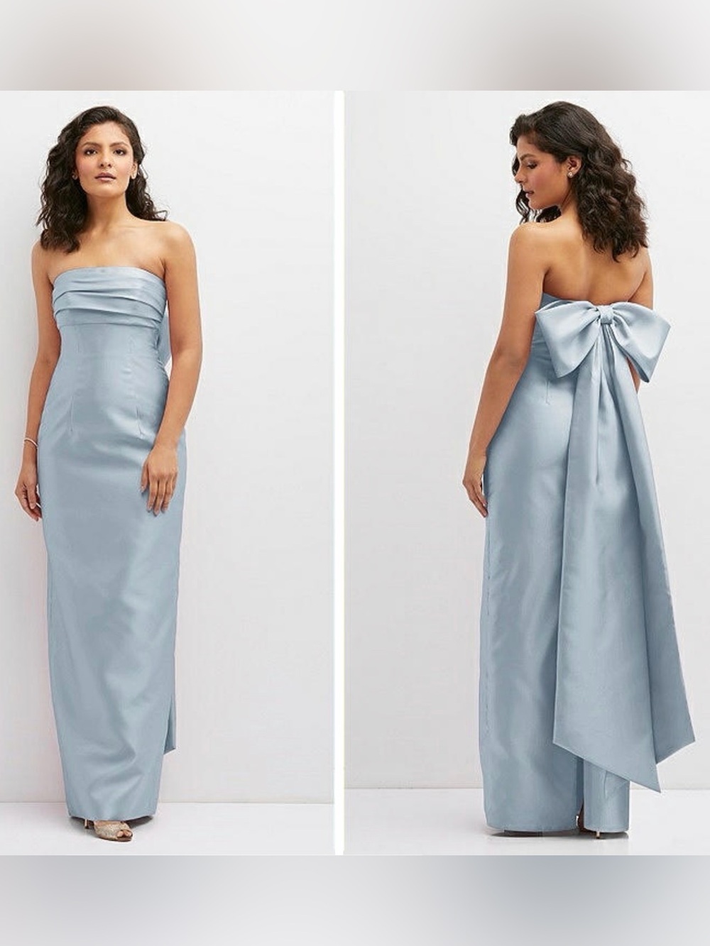Strapless Bow-Back Satin Gown in Light Blue